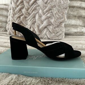 NWT Seychelles Black Suede Sandals Anthropologie 8.5 Chic Spring Heel